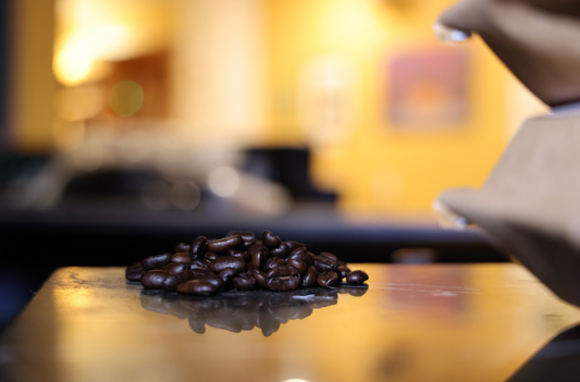 Dark-roasted coffee beans on the roaster at Aldo's Coffee in Greenport, New York
