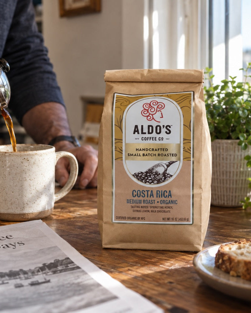 A bag of Aldo's Coffee Costa Rica whole bean coffee stands on a wooden table in a bright kitchen or cafe setting, with a person pouring hot coffee from a French press into a ceramic mug.