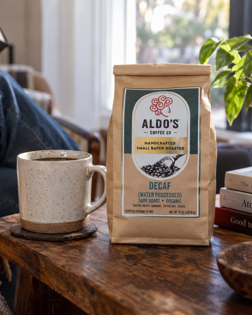 A bag of Aldo's Coffee Co. decaf coffee sits on a rustic wooden table in a cozy living room setting, next to a ceramic mug, with a person reading in the background and a dog resting in the foreground.