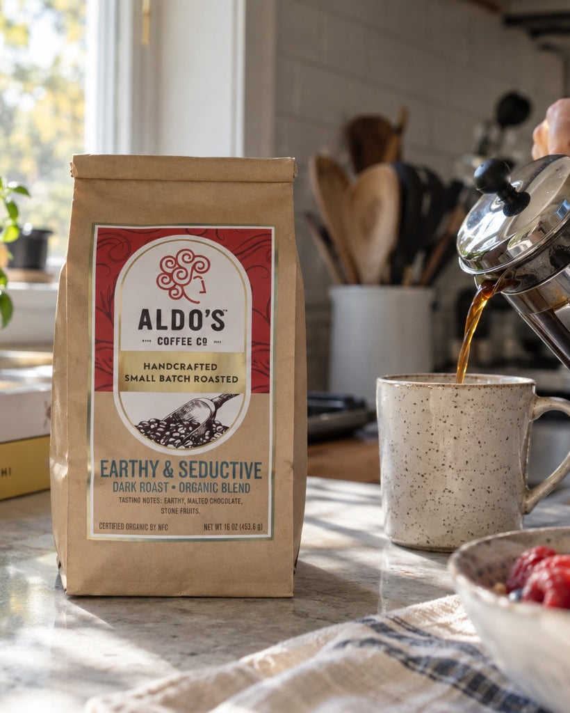 A bag of Aldo's Coffee Co. Earthy & Seductive medium roast coffee beans stands on a kitchen counter while a person pours hot coffee from a glass French press into a speckled mug.
