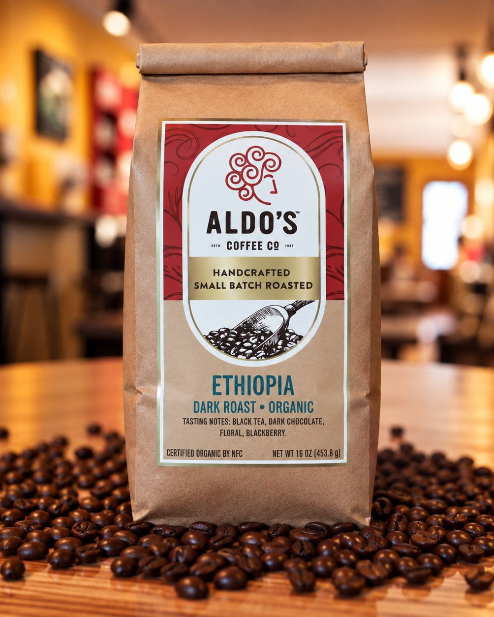 A bag of Aldo's Coffee Co. Ethiopia dark roast organic coffee stands on a wooden table scattered with coffee beans, with a warm, blurred cafe interior in the background.