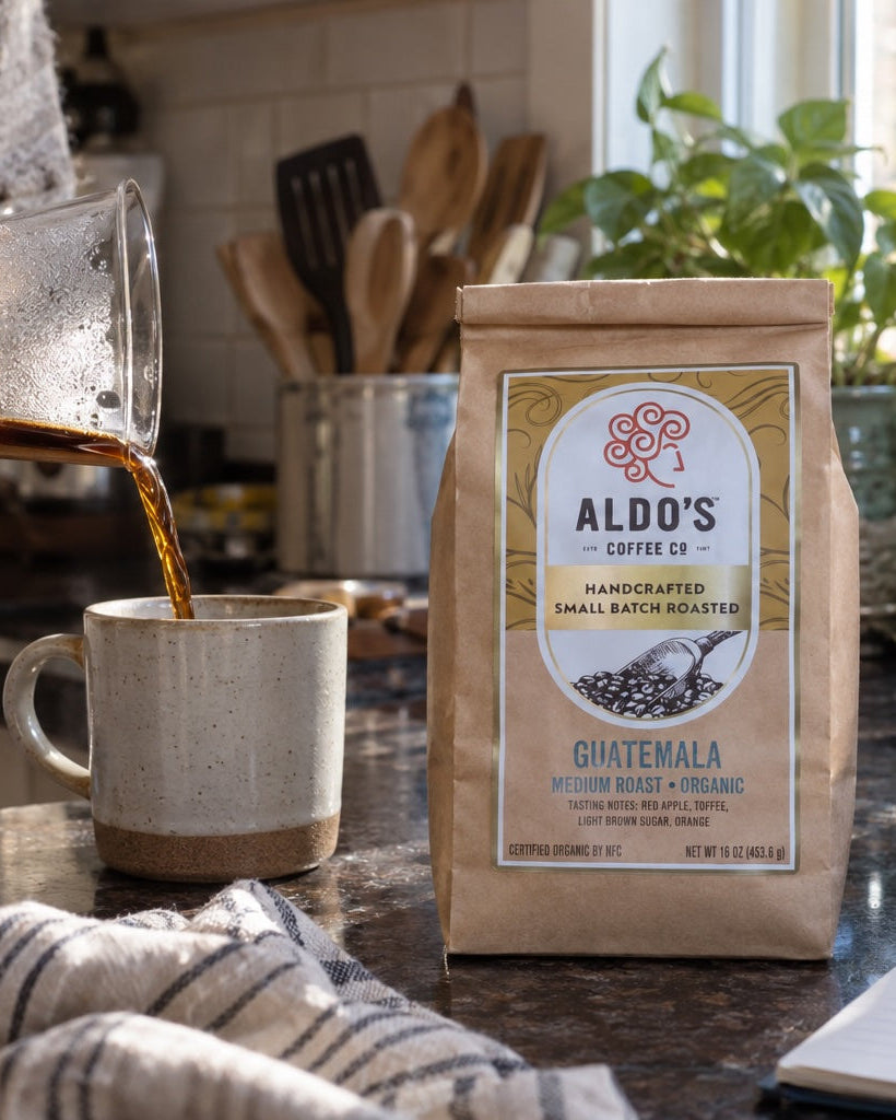 A bag of Aldo's Coffee Co. Giatemala handcrafted dark roast coffee stands on a kitchen counter while someone pours hot coffee from a glass carafe into a mug.