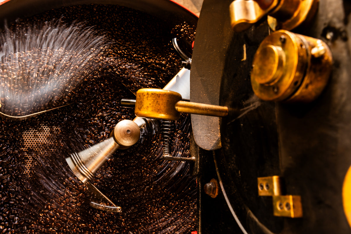Fresh-roasted coffee beans in Aldo's roaster