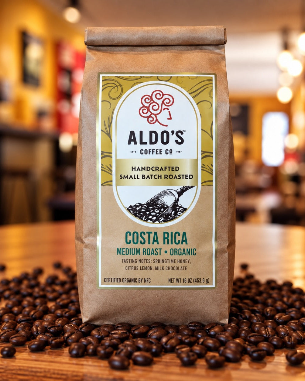 A bag of Aldo's Coffee Co. Costa Rica medium roast organic coffee sits on a wooden table scattered with coffee beans, with a warm, blurred cafe interior in the background.