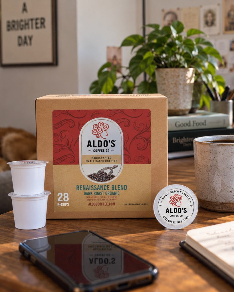 Aldo's Coffee Remembrance Blend coffee kit on a wooden desk in a cozy home office setting, with a person working on a laptop in the background.