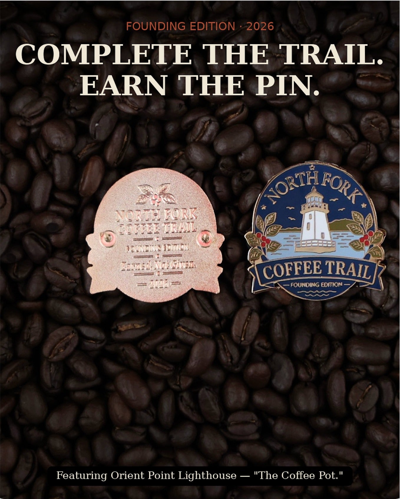 2026 Founding Edition enamel pin featuring the Orient Point Lighthouse