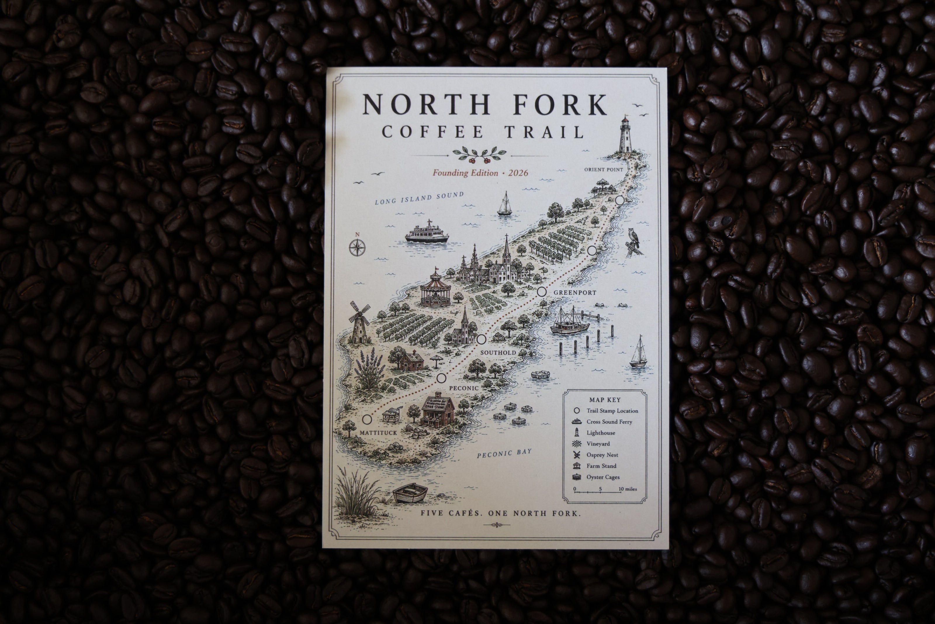 North Fork Coffee Trail map card and Trail Card resting on coffee beans