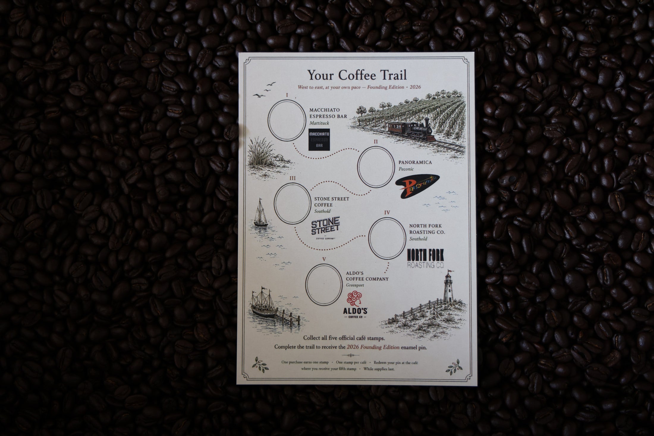 North Fork Coffee Trail stamp card with spaces for all five café stamps