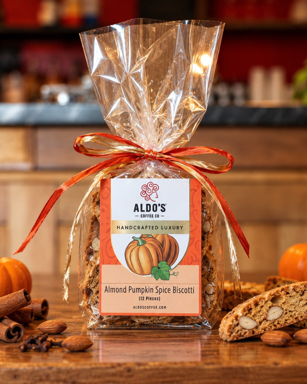 A clear cellophane bag of Aldo's Coffee Co. Almond Pumpkin Spice Biscotti tied with a red ribbon, displayed on a wooden table with cookies, almonds, cinnamon sticks, and small pumpkins in a warm, cozy kitchen setting.