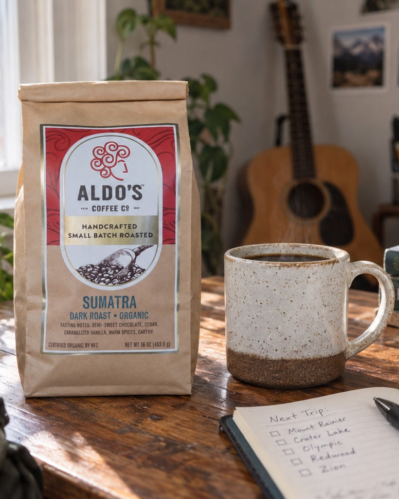 A bag of Aldo's Coffee Co. Sumatra dark roast coffee stands on a wooden table in a cozy, sunlit room with a mug, notebook, guitar, and books in the background.